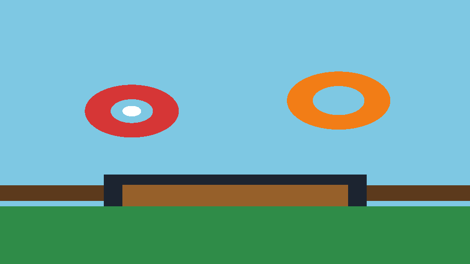 Diagram of a wooden cart, orange hook, and red target on a rail over grass. Drawn for this guide from the observed Roblox thumbnail, not the official image.